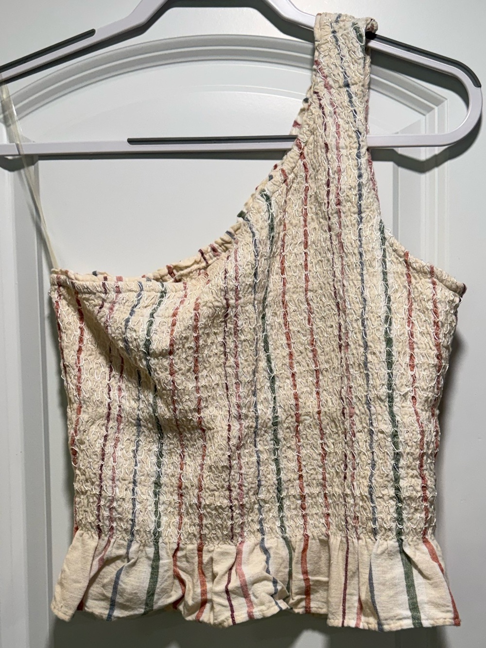 AE One-Shoulder Striped Ruffle Crop Top - Cream with Multicolor Stripes